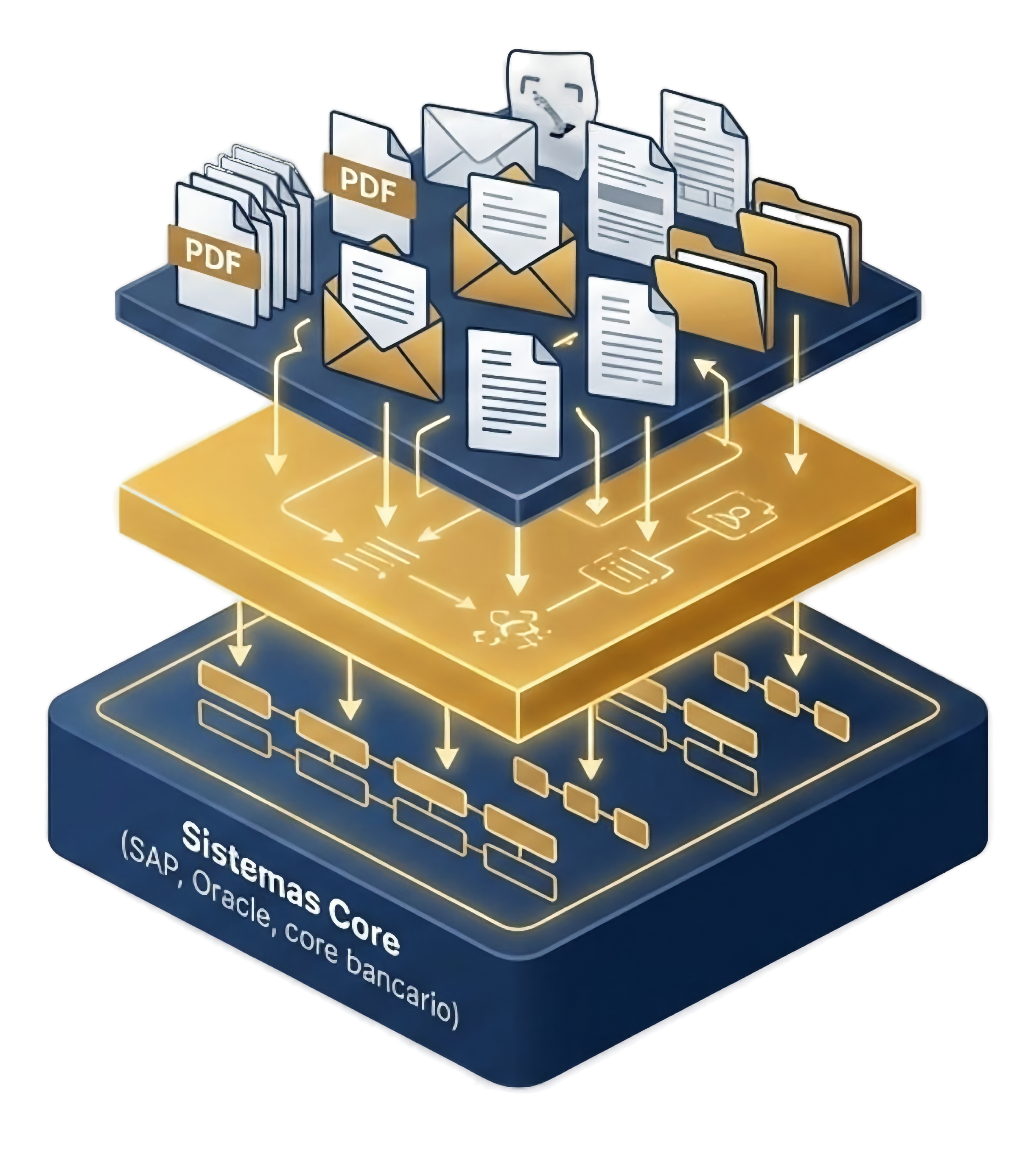 DIP middleware layer architecture diagram showing document inputs, intelligence layer, and core systems